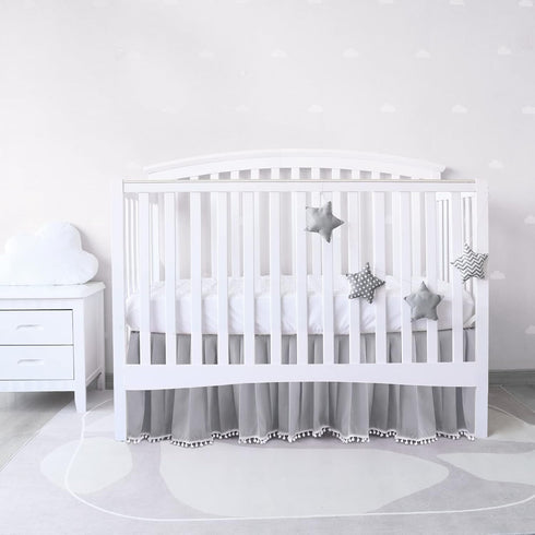 14" Crib Bed Skirt Grey Pleated with White Lovely Pompoms, Bedding Dust Ruffle for Boys, Drop, Fit All Standard Crib