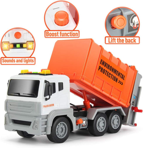 12" 4 Garbage Truck Toys Trash Truck Dump Truck with Garbage Cans, Friction Powered Truck with Sound and Light,Push