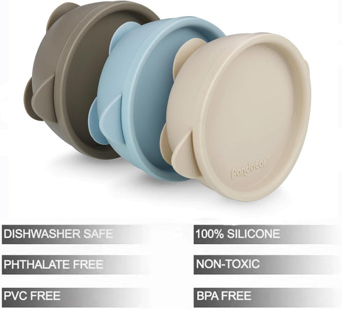 PandaEar 3 Pack Baby Suction Bowls with Lids| Leak-Proof Stay Put Silicone Food Bowl for Babies Kids Toddlers Infants| Food Grade Soft Safe BPA-Free Silicone (Blue Brown Tan) by PandaEar
