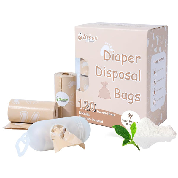 Diaper Bags Disposable for Baby, Biodegradeable Dirty Diaper Bags (8 Refill Rolls/120