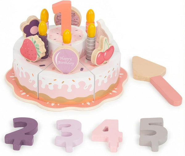 Pretend Play Food for Toddlers 2-5, Wooden Birthday Fake Cake with Candles