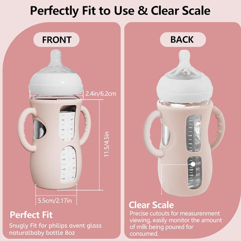 2 Pack 8 oz, Silicone Sleeves with Easy-Grip Handle for Avent Natural Glass Bottles, Anti Breakage Baby Bottle Holder