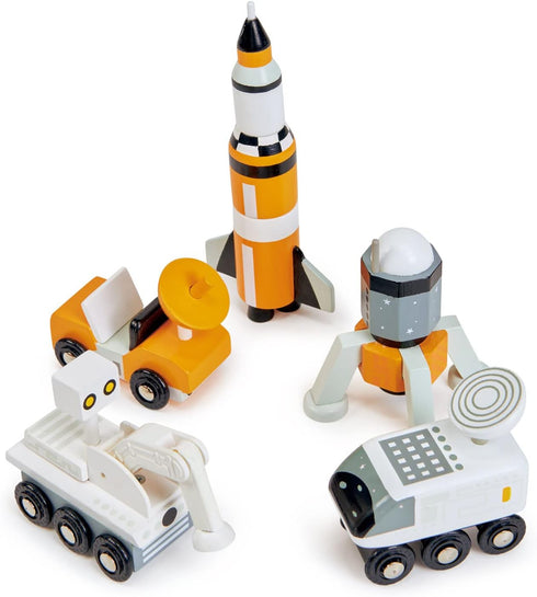 Tender Leaf Toys - Space Voyager Set, 7 Piece Solid Wood Space Vehicle Set with Moving Parts for Imaginative Play, Age