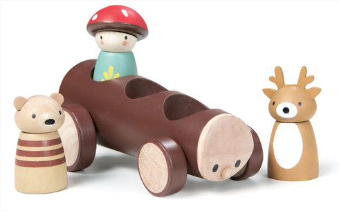 Tender Leaf Toys Timber Taxi - Wooden Log Shaped Push Vehicle with 3 Removeable Characters, Open-Ended Play Toy for