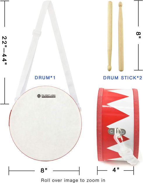 MUSICUBE Kids Drum Set - 8-Inch Wooden Drum Toys with Adjustable Strap and Drumsticks for Toddlers