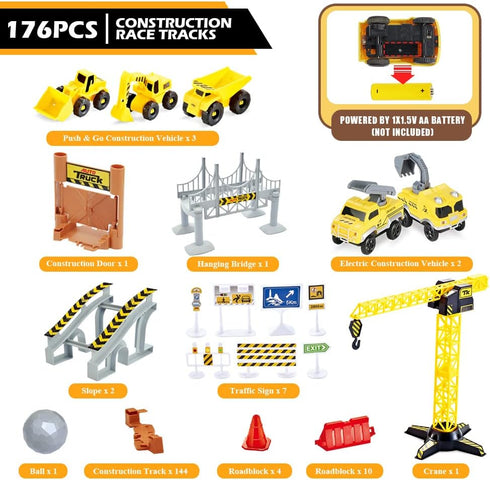 Set, 2 Construction Race Tracks Flexible Train Tracks w/ Electric Construction Race Vehicles w/Lights, STEM Engineering