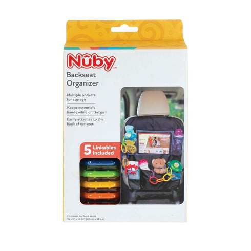 Nuby Backseat Car Organizer Set with Tablet Holder, Storage Pockets, 5 Linkable Hooks for Attaching Accessories, Easy