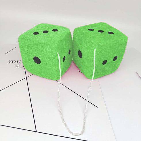 Fuzzy Plush Dice for Car Mirror, 1 Pair of 3” Green Dice with Black Dots for Car Decoration