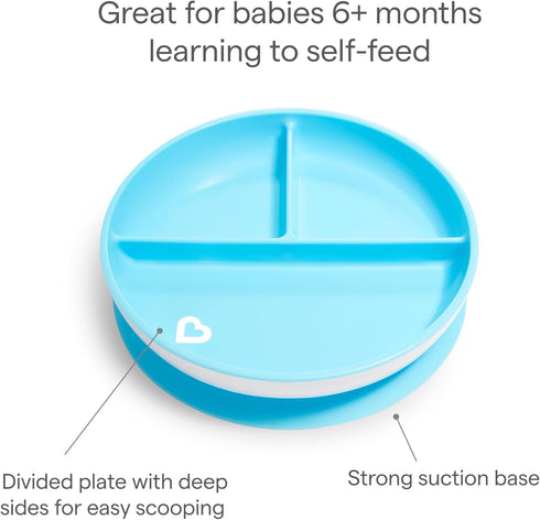 Munchkin Stay Put Suction Plates - Baby and Toddler, 3 Divided Sections, Blue/Green
