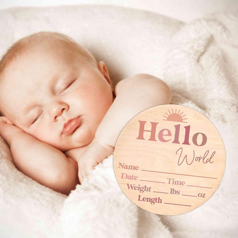 Hello World Newborn Announcement Sign - Custom Birth Stats Plaque for Photos