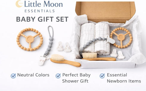 Generic Set Newborn Gift with Muslin Cotton Cloths and Wooden Baby Brush, Neutral Baby Care Kit