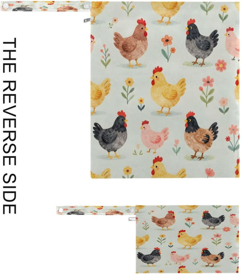Haskirky 2 Cartoon Chickens Floral Pcs Cloth Diaper Wet Dry Bags,Waterproof and Washable Bag for Travel Reusable Wet