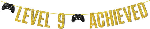 Game on Level 9 Achieved Banner, Glittery Hanging Sign for 9th Birthday Party Decorations