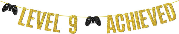 Game on Level 9 Achieved Banner, Glittery Hanging Sign for 9th Birthday Party Decorations