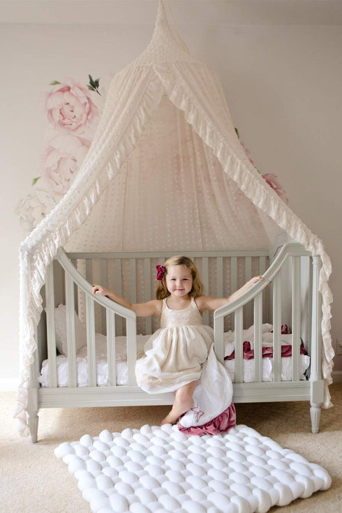 Wonder Space Elegant Kids Bed Canopy - Lace Chiffon Netting with Pom Pom, Princess Girls Fairy Dream Tent, Nursery Room