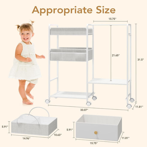 3in1 BBLIKE Diaper Caddy Organizer - Diaper Caddy & Rolling Diaper Cart with Kids Clothing Rack for Nursery and Baby