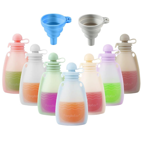 PandaEar Reusable Silicone Baby Food Pouches, 7 Pack Squeeze Pouches for Toddler Kids, BPA-Free, 5.5 oz