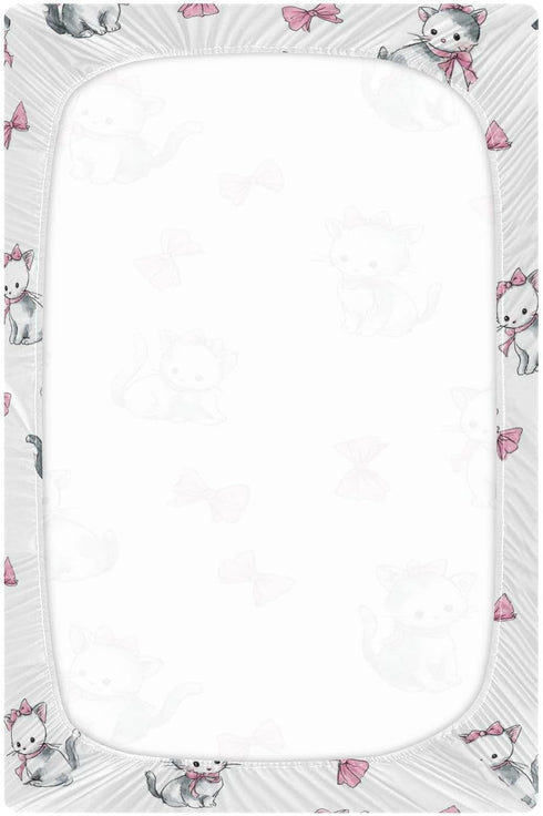 Vdsrup 39 27 5In Crib Sheets for Boys Girl Cat Pink Bow Neutral Mini Crib Mattress Sheets Fitted, Toddler Baby Sheets