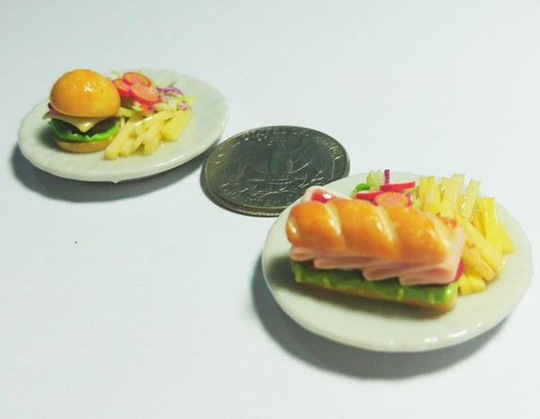 Tiny Burger and Sub Sandwich, Realistic Mini Handmade Polymer Clay Food Model, Decorative Collectible Figurines