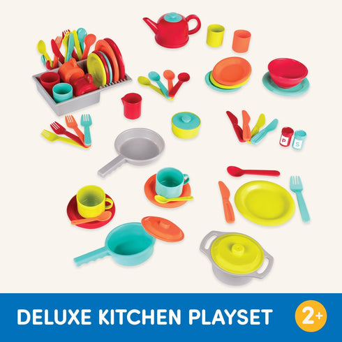 Battat Deluxe Kitchen Playset – 71Pc Pretend Cooking Accessories – 4 Table Settings & Cutlery – Dishwasher Safe