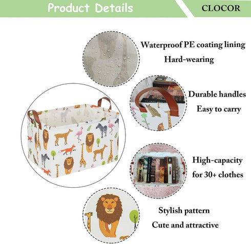 Kids Storage Basket, Collapsible Woodland Jungle Forest Printed Bin, Waterproof Gift Box with Handles (Jungle Animals)
