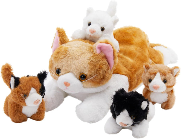 WEWILL 15'' Cat with Kittens Stuffed Animals, Mommy Plush Toy with 4