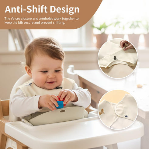 Cococu 6-24M(Beige Baby Bibs for Eating,Baby Smock bib with Silicone Catcher, Waterproof Baby Bib Shirt, Baby Feeding