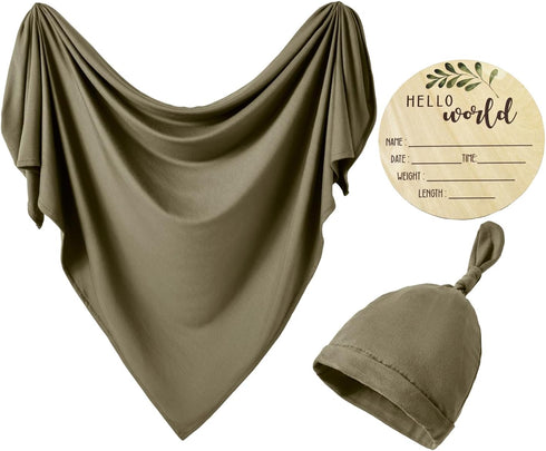 Set 35"*35"(Olive) Newborn Swaddle Blanket with Hat Beanie Newborn Photography Wraps Hospital Receiving Blankets