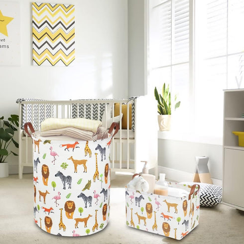 Kids Storage Basket, Collapsible Woodland Jungle Forest Printed Bin, Waterproof Gift Box with Handles (Jungle Animals)