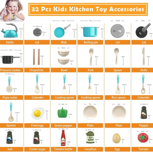 Bruvoalon 32Pcs Kids Play Kitchen Toy Set, Pretend Cooking Accessories with Pots, Pans, and Foods for Girls Boys