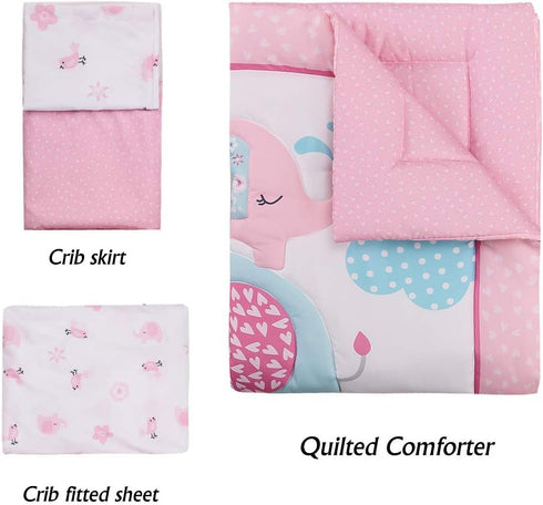 Luxanna Set 3 Sets Crib Bedding Pieces Baby Nursery Bedding with Baby Comforter,Crib Fitted Sheet, Crib Skirt (Pink)