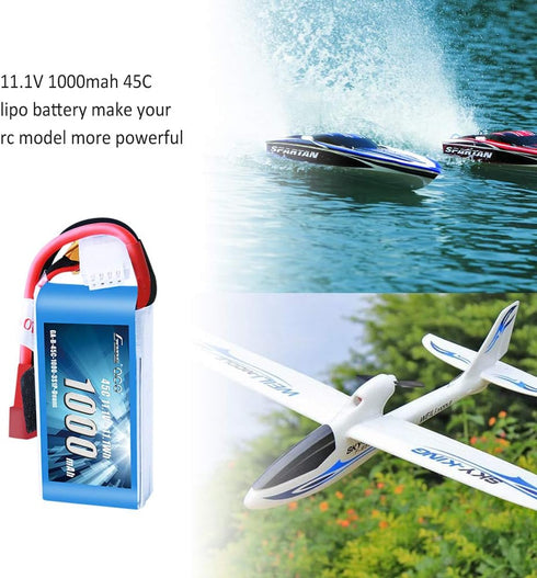 Gens ace 11.1V 1000mAh 3S 45C LiPo Battery Pack with T Plug for RC Plane, Car, Boat, Truck, Heli
