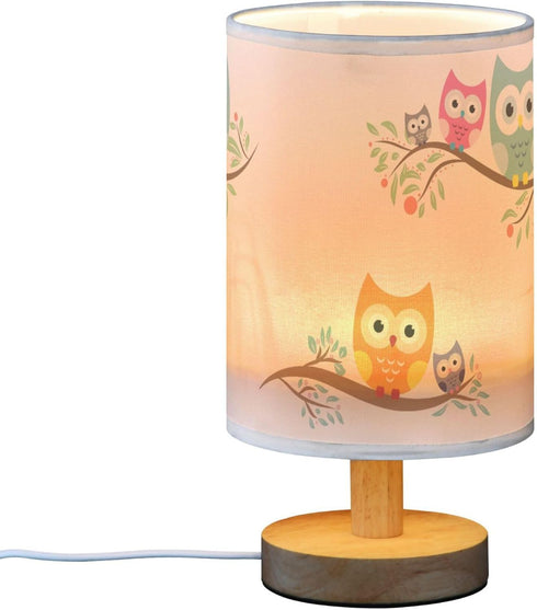 YYZZH Table Lamp Cute Cartoon Owl with Baby Child on Tree Branch Nightstand Lamp with Wood Base Fabric Lamp Shade