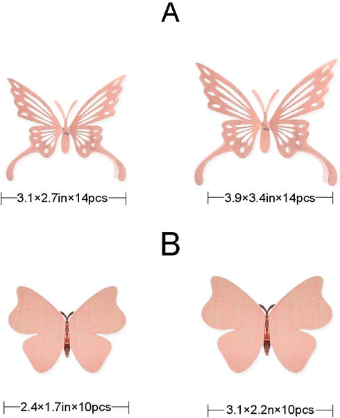 pinkblume Rose Gold Butterfly 3D Wall Decals, DIY Removable Metallic Paper Butterflies for Home Decorations (48PCS)