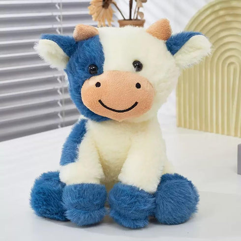 YUKOUQIAN 8 inch Cow Stuffed Animal Cute Cow Plush Doll Toy for Girls Boys Christmas (zuoniu deep Blue)