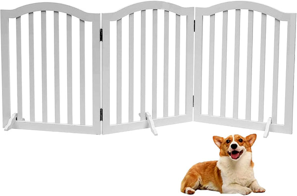 Wooden Dog Gate Foldable Pet Fence, Freestanding Pet Gates for Stairs, 3 Panel 23.6'' Height-White