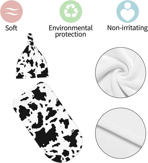 Cow Print Newborn Swaddle Blanket with Hat Set, Soft Transition Sleep Sacks, Gifts for Infant Boys & Girls
