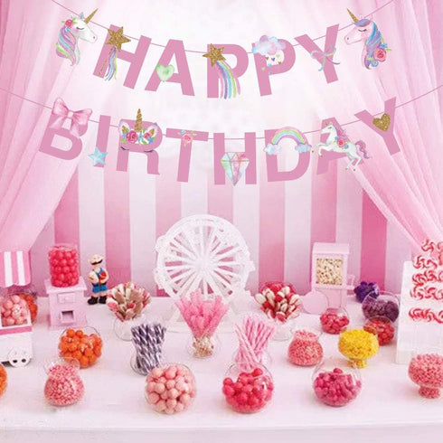CC HOME Unicorn Happy Birthday Banner/Unicorn Party Supplies for Kids Birthday Party Decoration, Pink