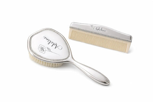 Custom Birth Flower Silver Baby Brush Set Newborn Keepsake Gift
