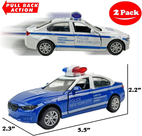 2 Pack Metal Diecast NY Police Cars - Pull Back Battery Powered with LED Headlights and Siren Sounds 1:32 Scale