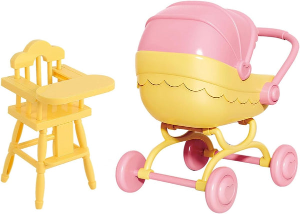 Pemalin Mini Dollhouse Furniture Set, Baby Stroller and High Chair, Pink and Yellow