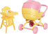 Pemalin Mini Dollhouse Furniture Set, Baby Stroller and High Chair, Pink and Yellow