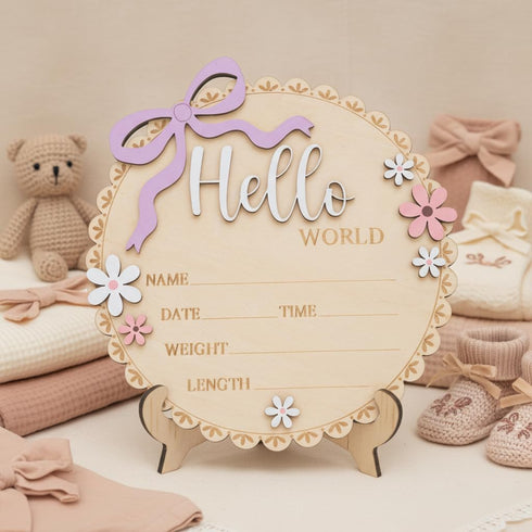 TTMerriwood Hello World Wooden Baby Birth Announcement Sign, Pink Floral Newborn Name Date Time Weight Length Board
