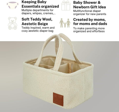 Fasty Baby Baby Diaper Caddy Organizer: Soft Beige Teddy Wool - Portable Diaper Caddy, Car Organizer - Newborn