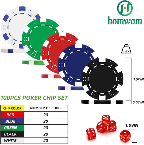 Poker Chip Travel Set - 100PCS 5 Color Professional Poker Chips in Cardboard Gift Box for Casino Card Games