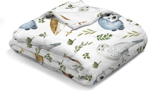 Watercolor Owls Baby Blanket for Girl & Boy, Soft Swaddle Blanket, 30x40, Boho Leaves