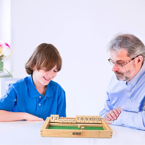GSE Wooden Shut The Box 12 Numbers Dice Game Board with 2 Wooden Dices, Classic Tabletop Version