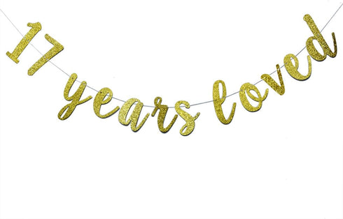 17 Years Loved Banner Sign Gold Glitter for 17th Birthday Party Decorations, Pre-assembled Bunting Photo Booth Props