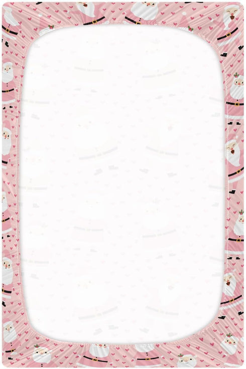 Mazeann 52" 28" 9" Christmas Pink Santa Crib Sheets Soft Breathable Fitted Baby Crib Sheets Mattress Cover for Girl
