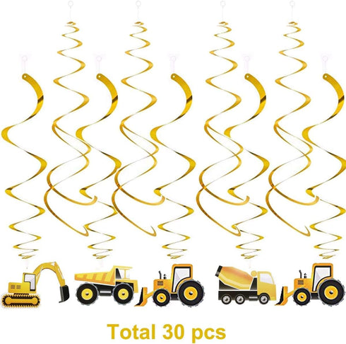 30PCS Construction Hanging Swirls Decorations for Birthday Party, Baby Shower, Car Excavator Bulldozer Ceiling Decor